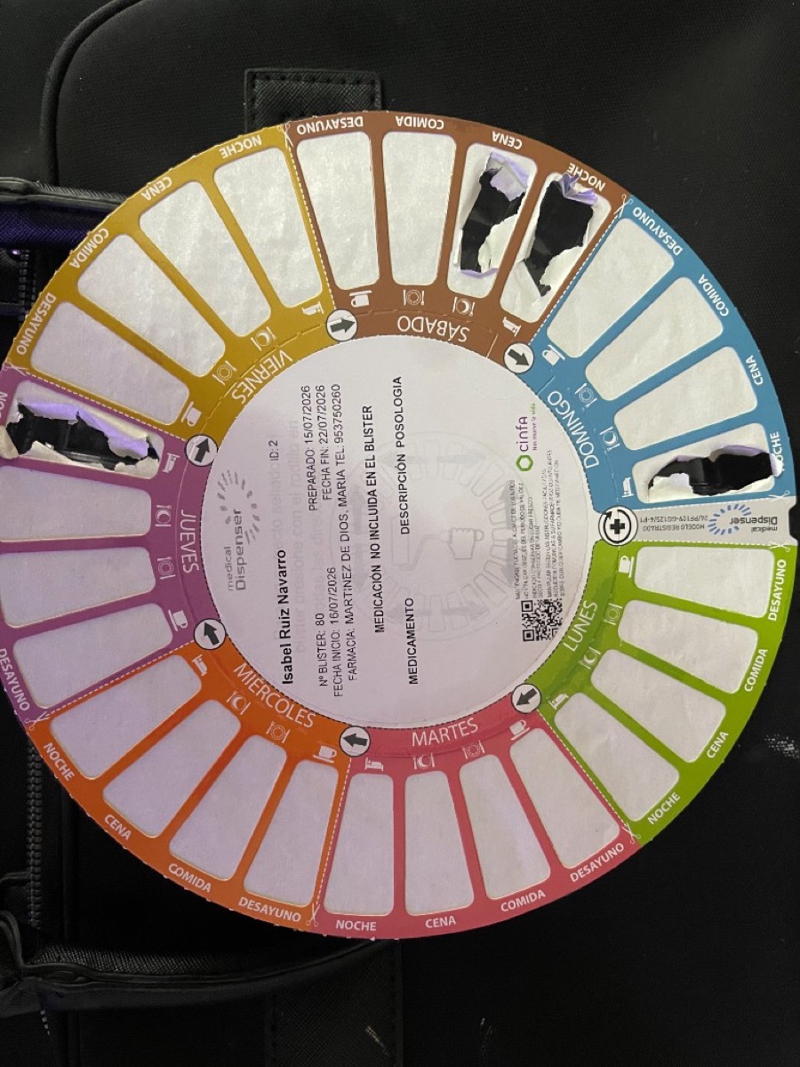 Pastillero circular SPD con días de la semana y tomas (desayuno, comida, cena, noche)